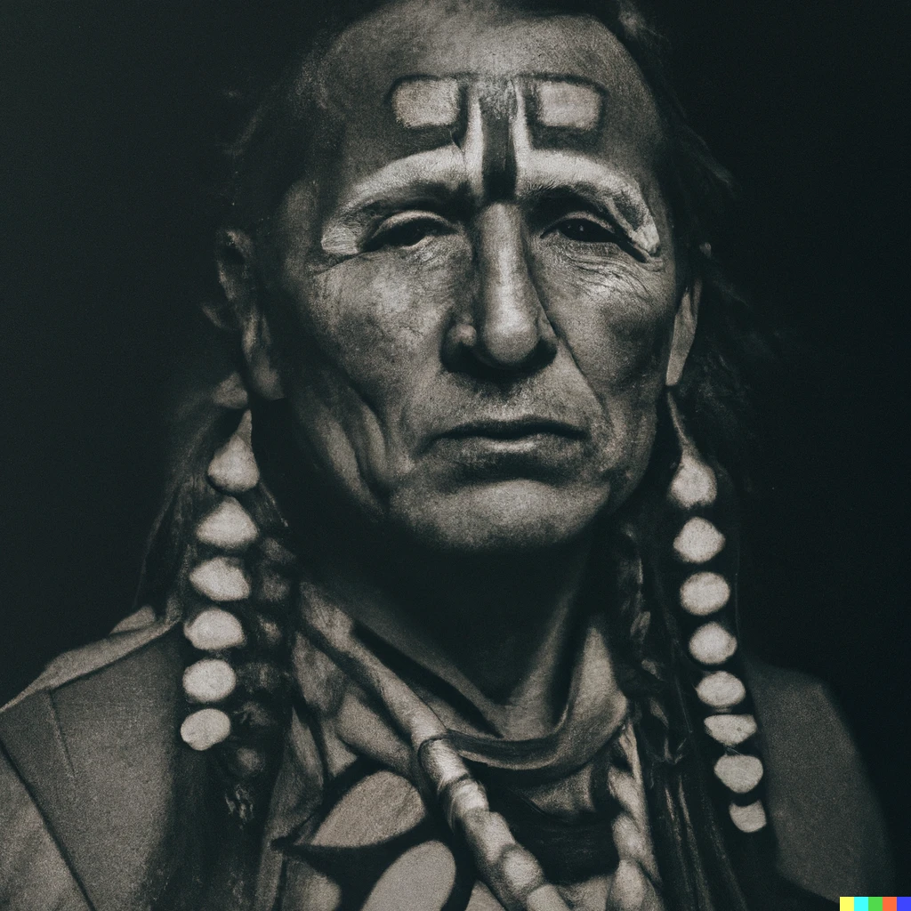 Prompt: a proud elder warrior from the Cherokee tribe; Native American; Dark skin tone; 8k; max detail; 70mm lens; Antique Tintype Photography