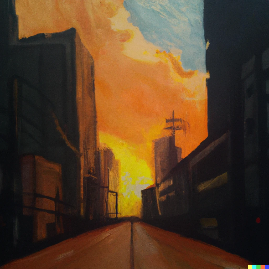 Prompt: An oil pasten drawing of sunset in the City 