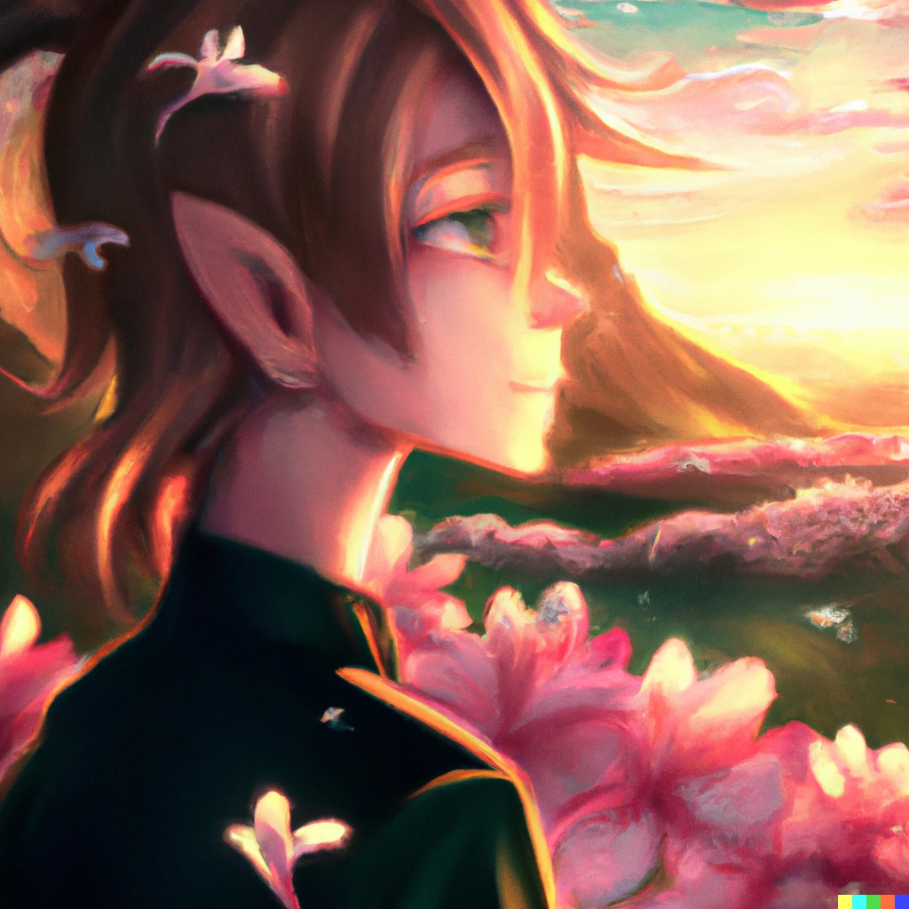 Prompt: Hyper realistic paint of a an anime character in the most beautiful place in the universe, a captivating place full of flowers in a sunset and a lot of peace