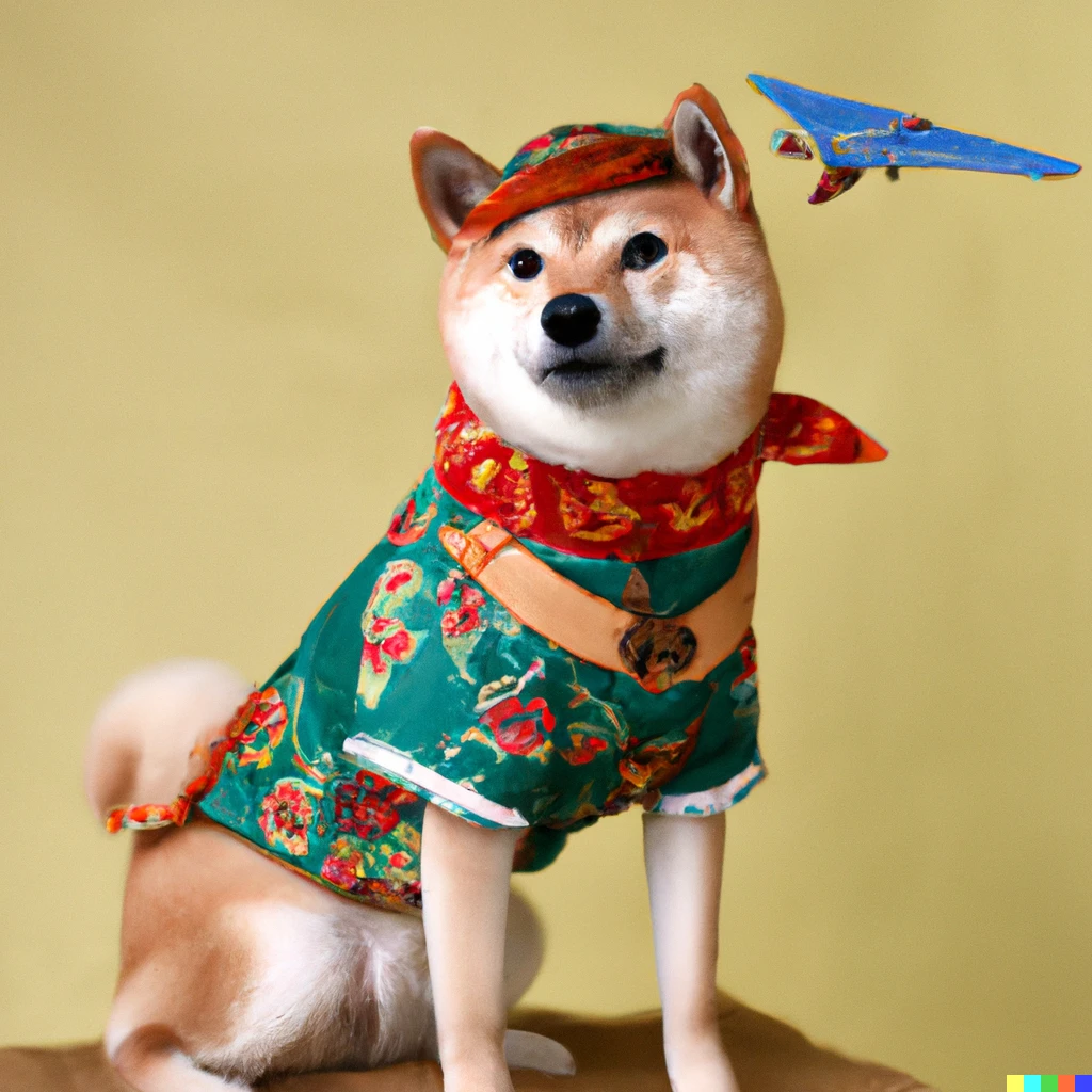 Prompt: Shiba inu dog in a folkloric wear first plane 
