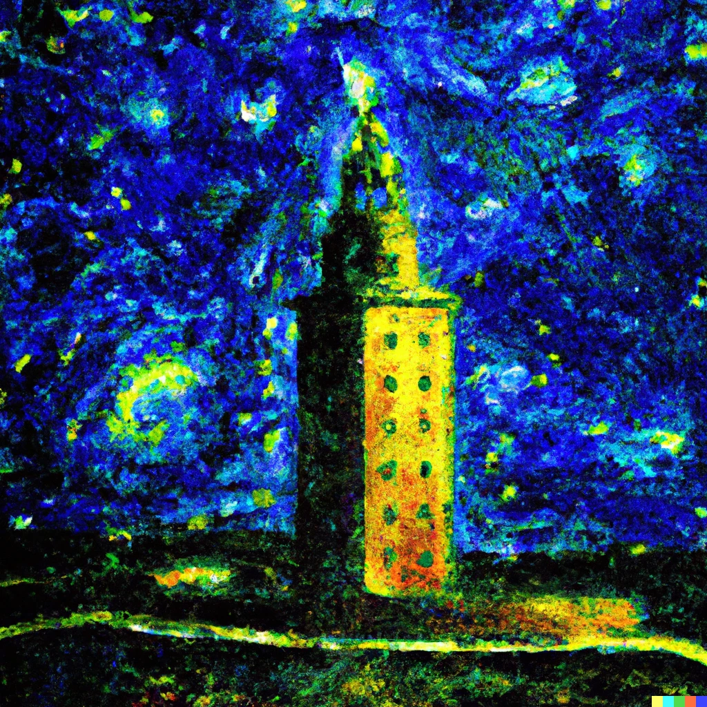 Prompt: An impresionist oil painting of the tower of hercules in A Coruña style Starry Night.