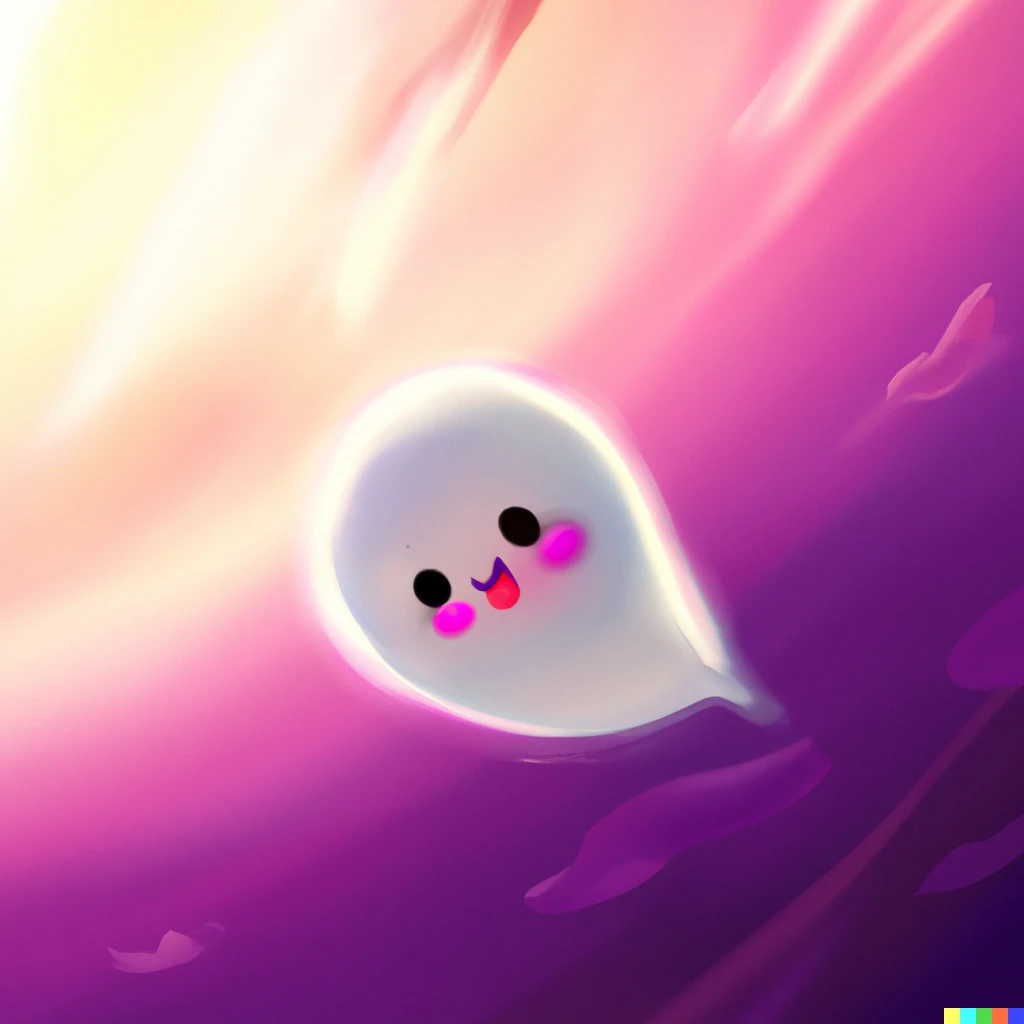 Prompt: A smiling ghost floats in space, a pink nebula shining brightly behind it, digital art.