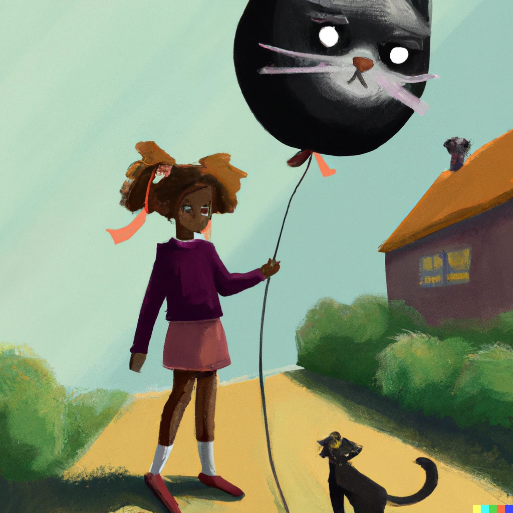 Prompt: A girl is holding a balloon that looks like a fluffy black cat with big white eyes. She is walking outside in a suburban setting. Drawn in a storybook style like children's Golden Books.