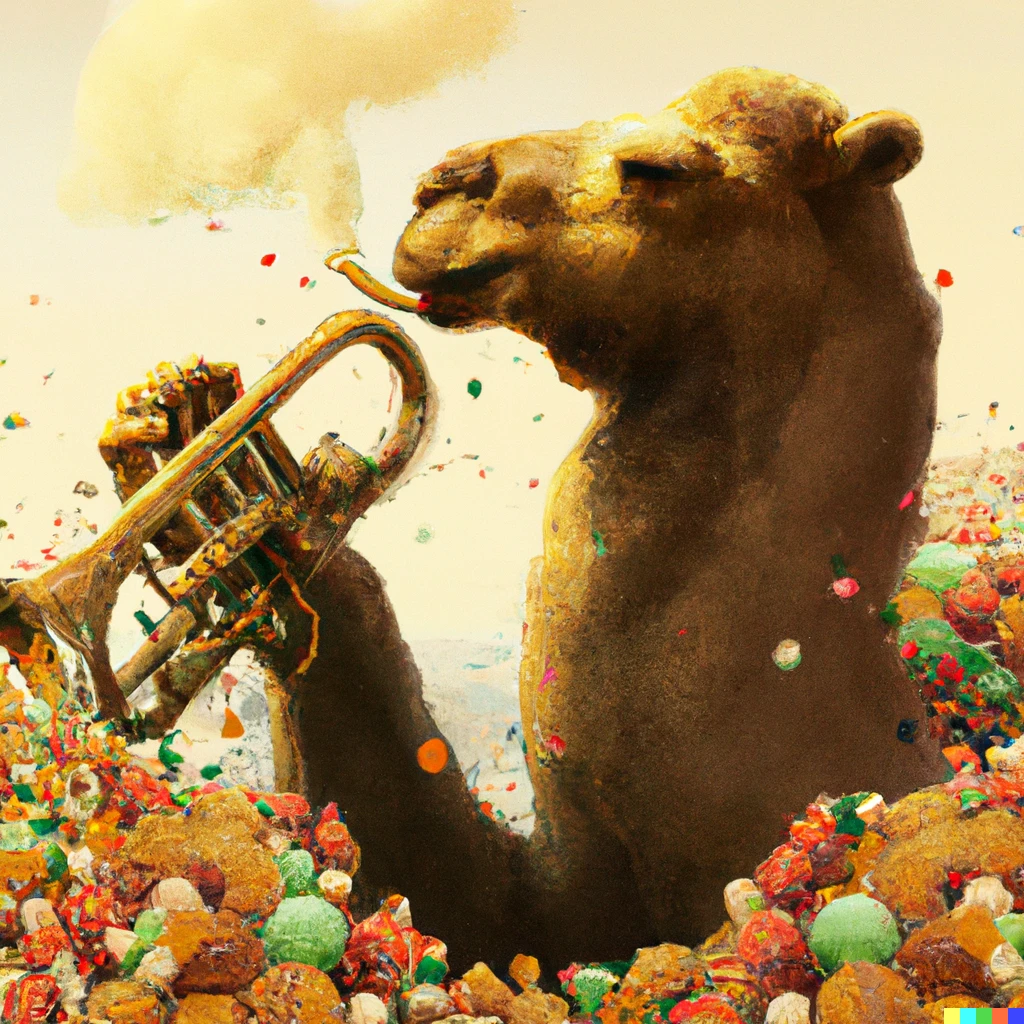 Prompt: A camel playing the trumpet in an ocean of gummy bears, digital art