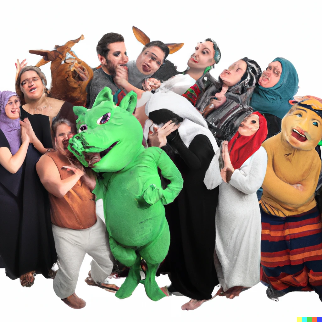 Prompt: The cast of Shrek doing the Palestinian  dabkah