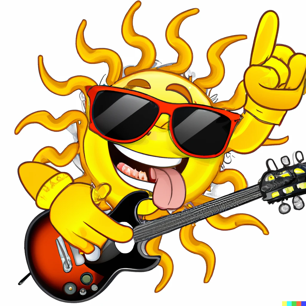 Prompt: cartoon of the sun with sunglasses playing rock and roll