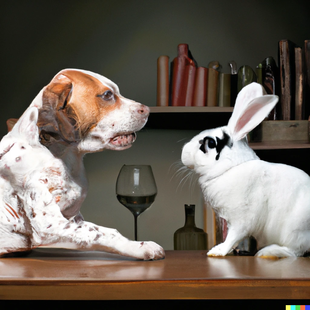 Prompt: dog and rabbit arguing politics on a bar