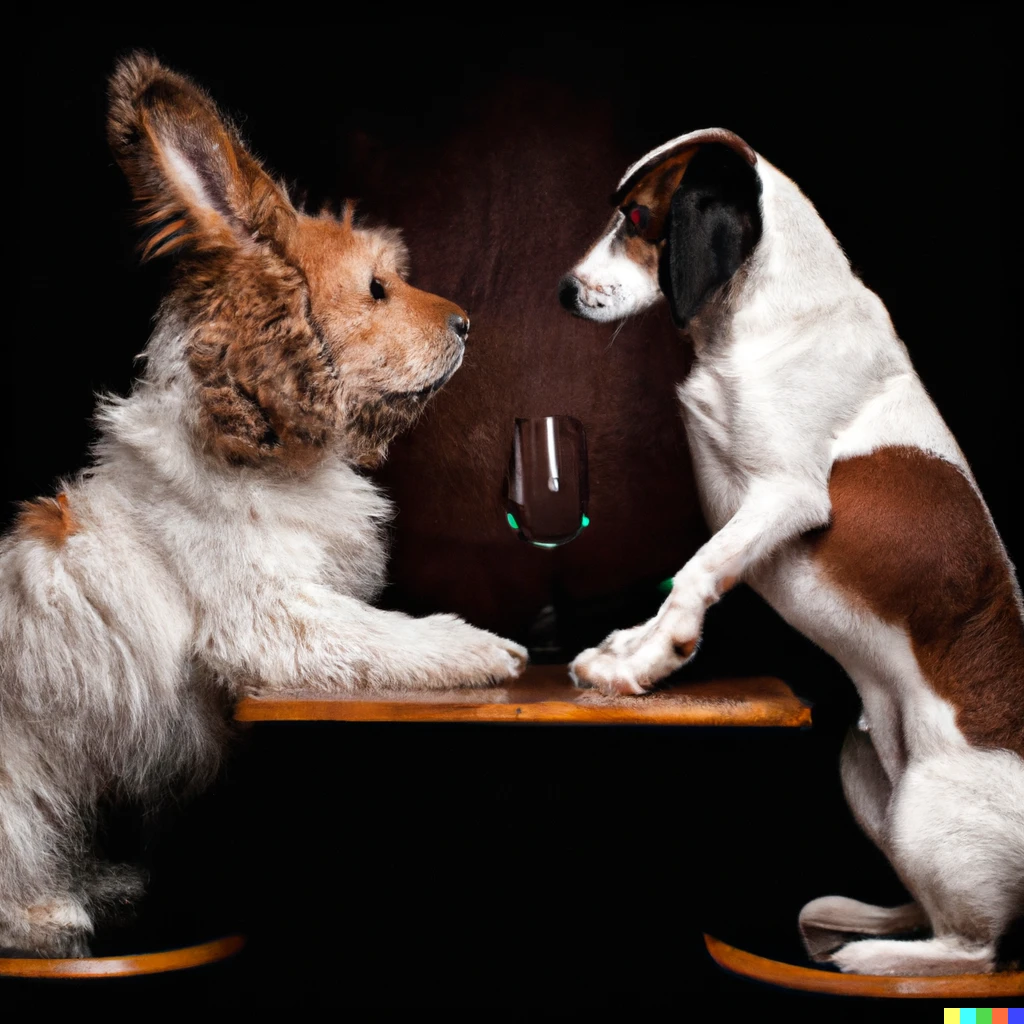 Prompt: dog and rabbit arguing politics on a bar