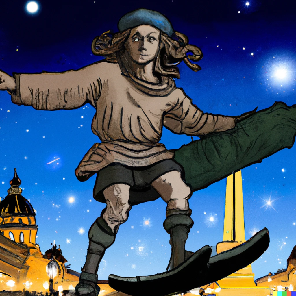 Prompt: columbus discovering paris on a skateboard at night
