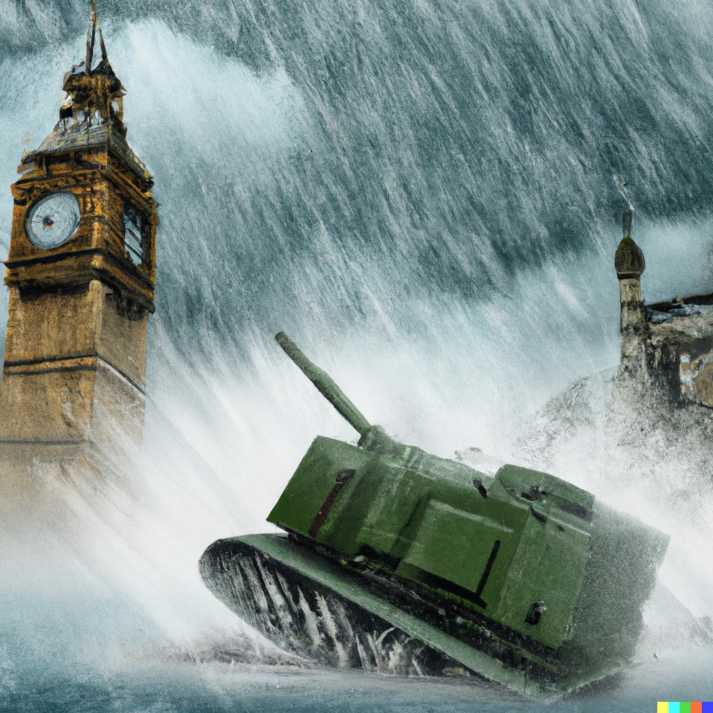 Prompt: tank crashing into big ben while raining