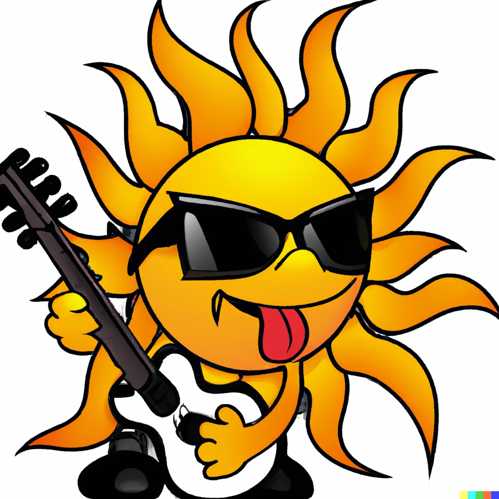 Prompt:  cartoon of the sun with sunglasses dressed as punk guitarist