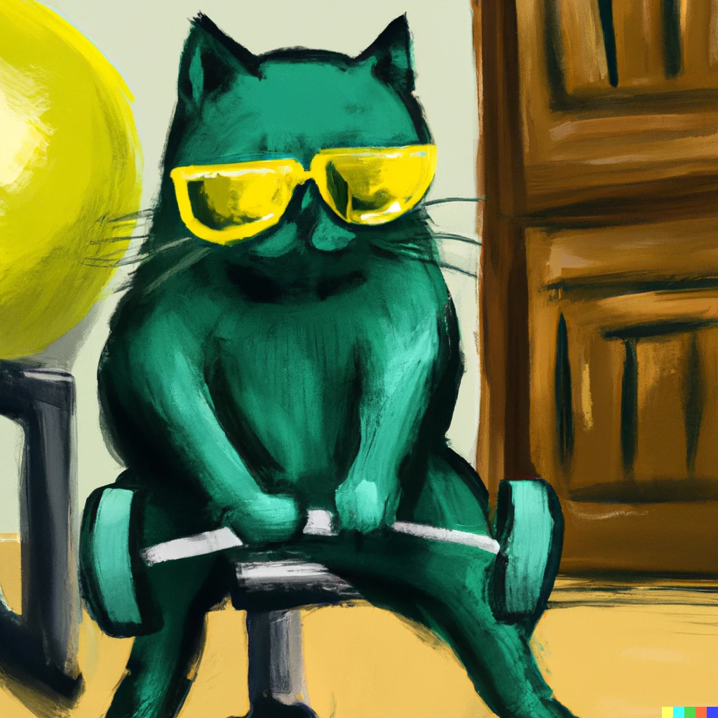 Prompt: bored green cat with sunglasses works out in the gym, van gogh style