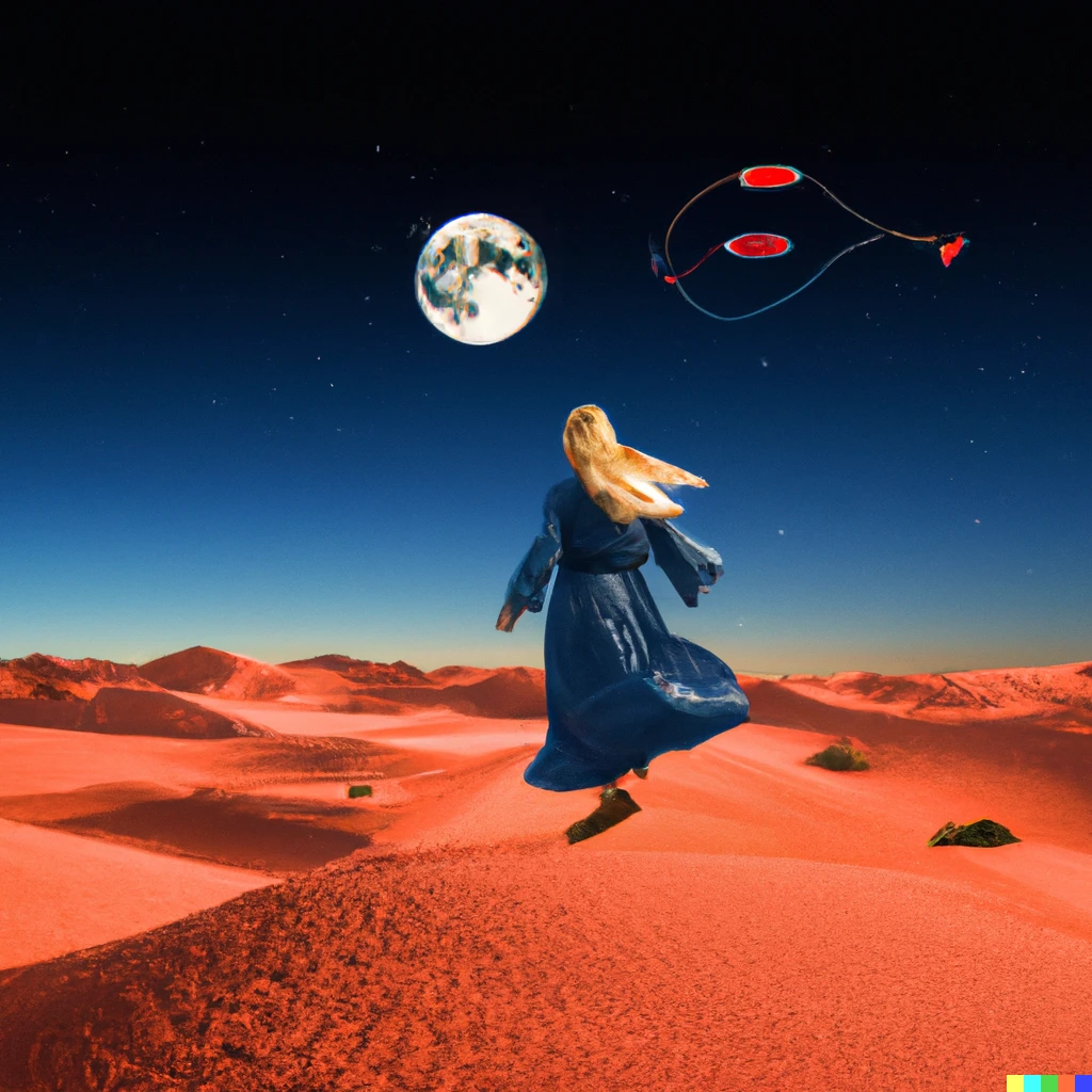 Prompt: A young blonde woman dressed in ceremonial dress seen from the back jumping with a skipping rope in front of a desert full of slippers.  The moon is smiling.  The sky light is reddish.