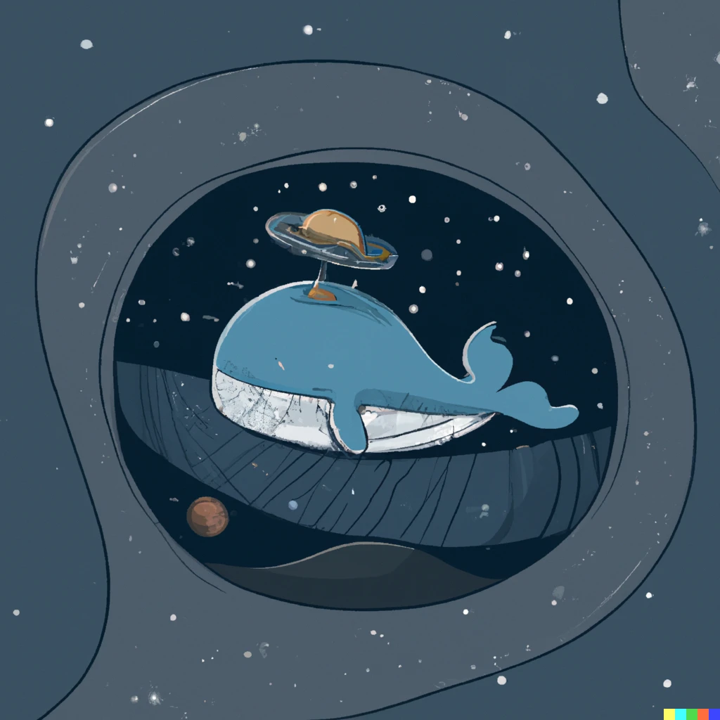 Prompt: A tired whale interplanetary traveling