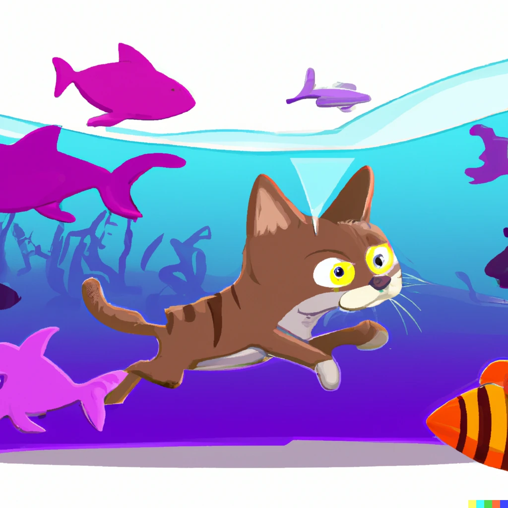 Prompt: Brown tabby cat swimming through a large aquarium with a school of purple fish and a shark, cartoon style