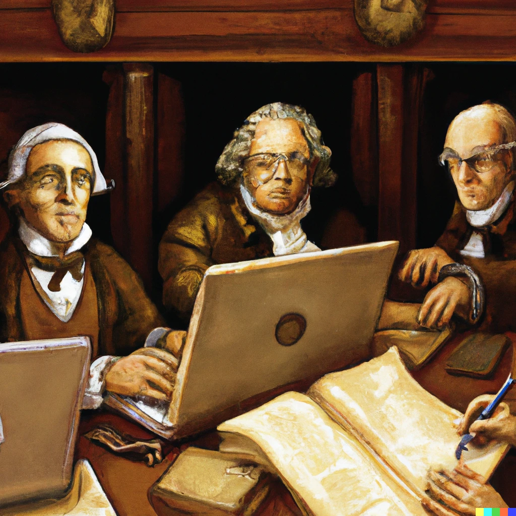 Prompt: Painting of America's founding fathers writing the constitution on laptops