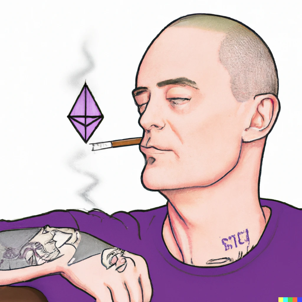 Prompt: Gary Gensler In jail smoking  a joint with a Ethereum neck tattoo 