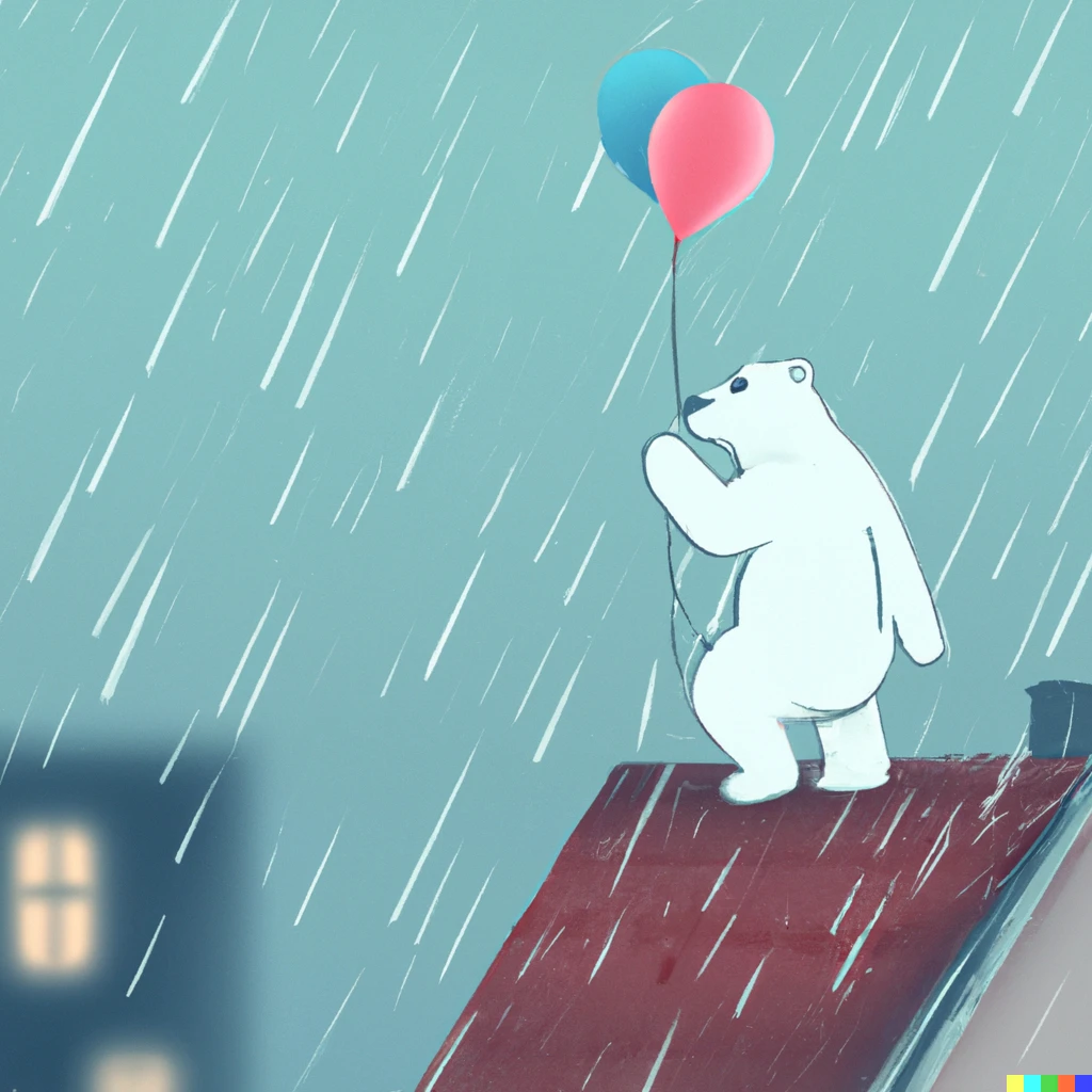 Prompt: A Polar Bear on the roof of a house holding a balloon in the rain.