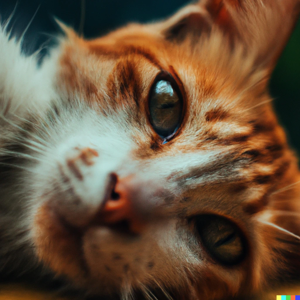 Prompt: A macro 35mm photograph of a cat with intense eyes, 8K, bokeh