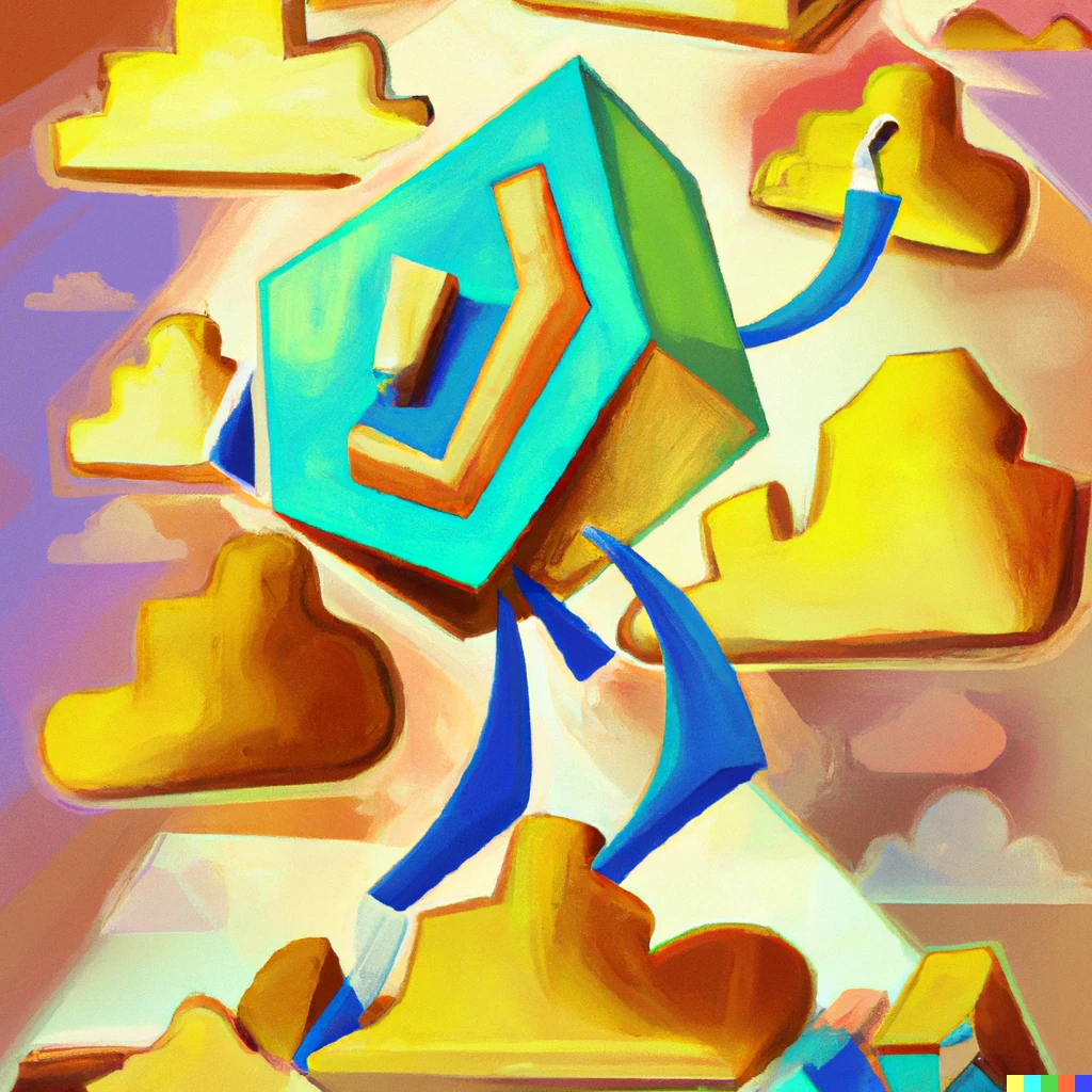 Prompt: An cubist painting of disco biscuit dancing on a cloud 