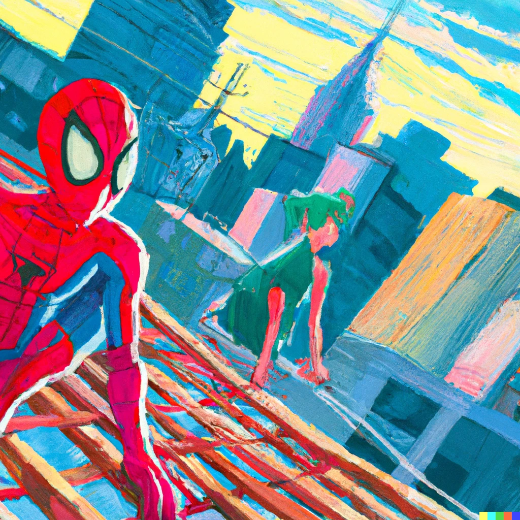 Prompt: Oil painting of Hatsune Miku and Spider-Man on a rooftop