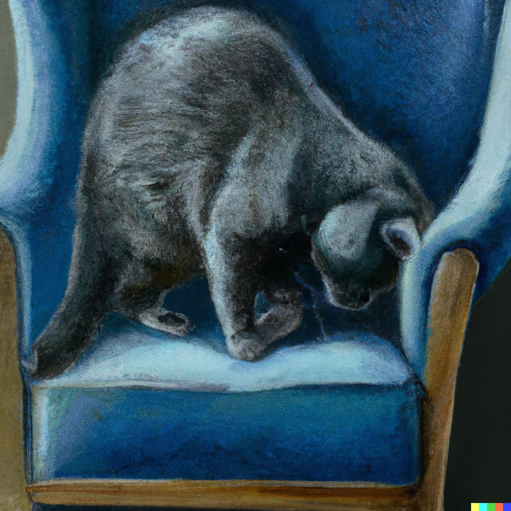 Prompt: A photorealistic painting of a gray cat scratching a blue chair