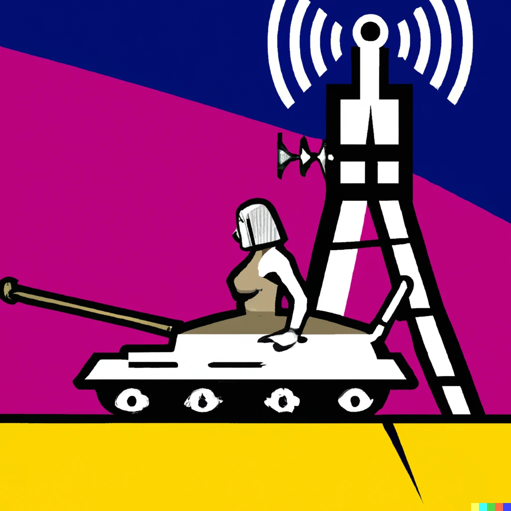 Prompt: British Prime Minister, Liz Truss riding a battle tank towards a radio tower, in the art style of Roy Liechtenstein