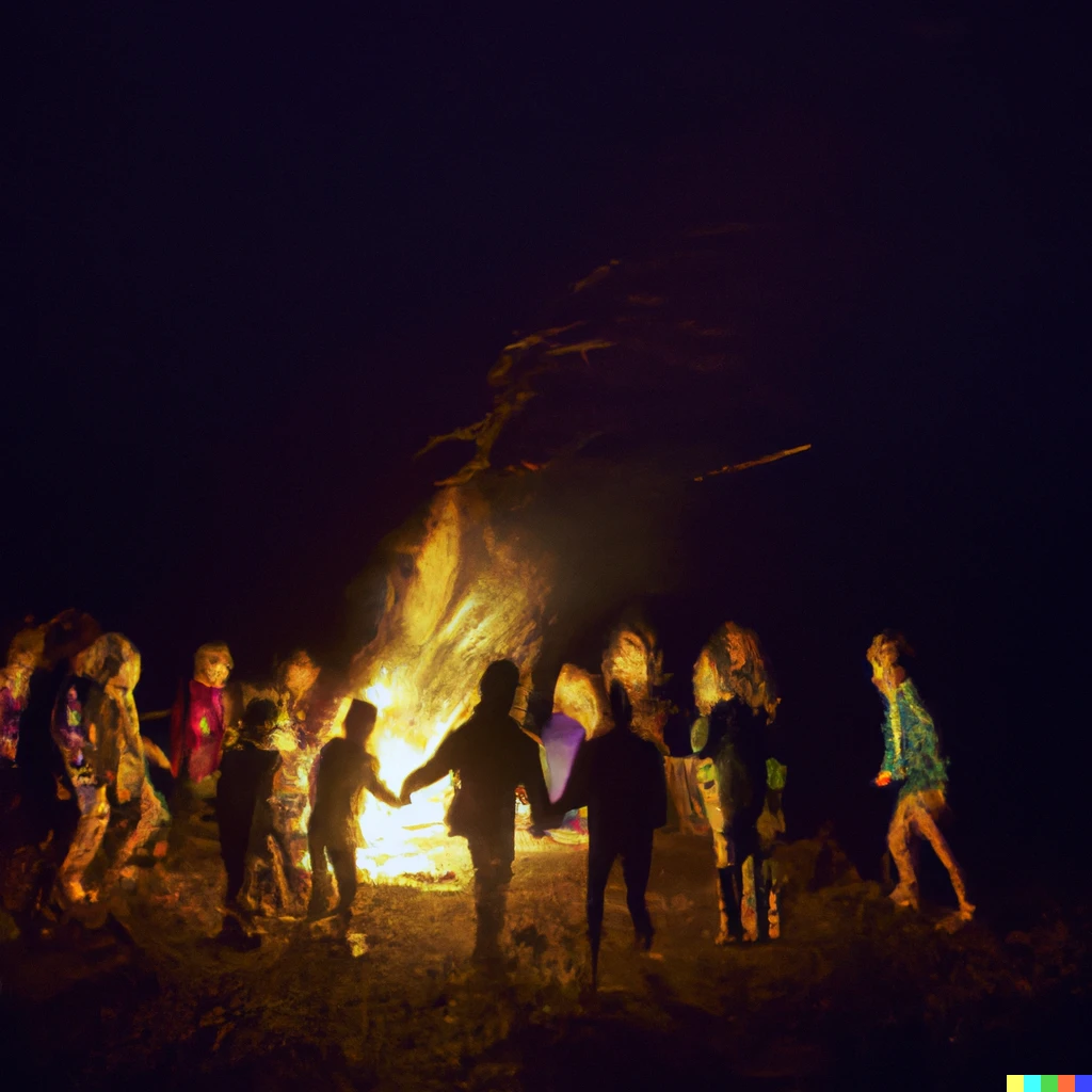 Prompt: Children dancing round a bonfire at midnight