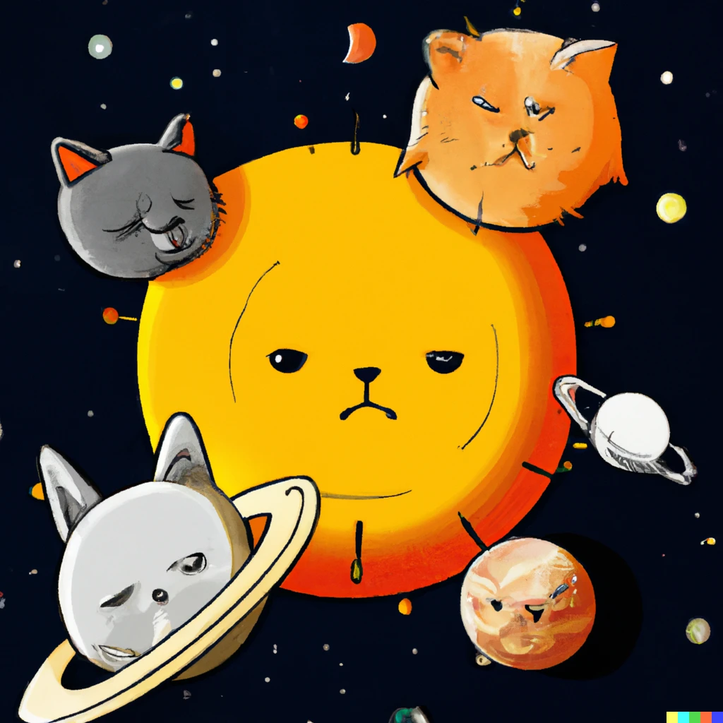 Prompt: Solar system but the planets are cat head and the sun is giant cat
