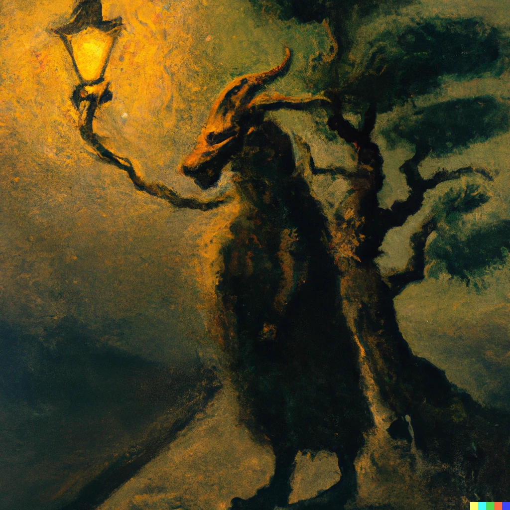 Prompt: A van Gogh painting of a faun with reddish skin, curly hair, brown eyes, a short pointed beard, horns on his forehead, cloven hooves, goat legs with glossy black hair, a long tail, a strange but pleasant face, waiting under a lamppost in Narnia.