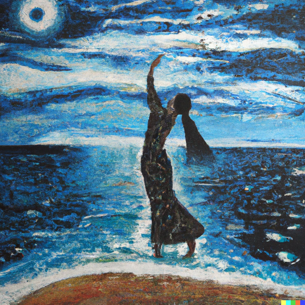 Prompt: An expressive oil painting of a woman dancing beneath the diamond sky with one hand waving free, silhoutted by the sea, circled by the circus sands, with all memory and fate driven deep beneath the waves.