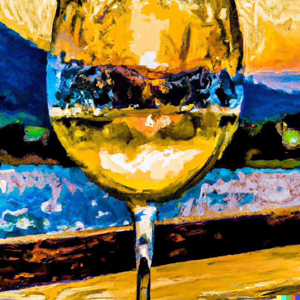 Prompt: A wine glass in the foreground filled with white wine, the wine glass is resting on a deck post, with the sun setting behind a mountain over a lake and appearing inside the wine glass, Pollock painting