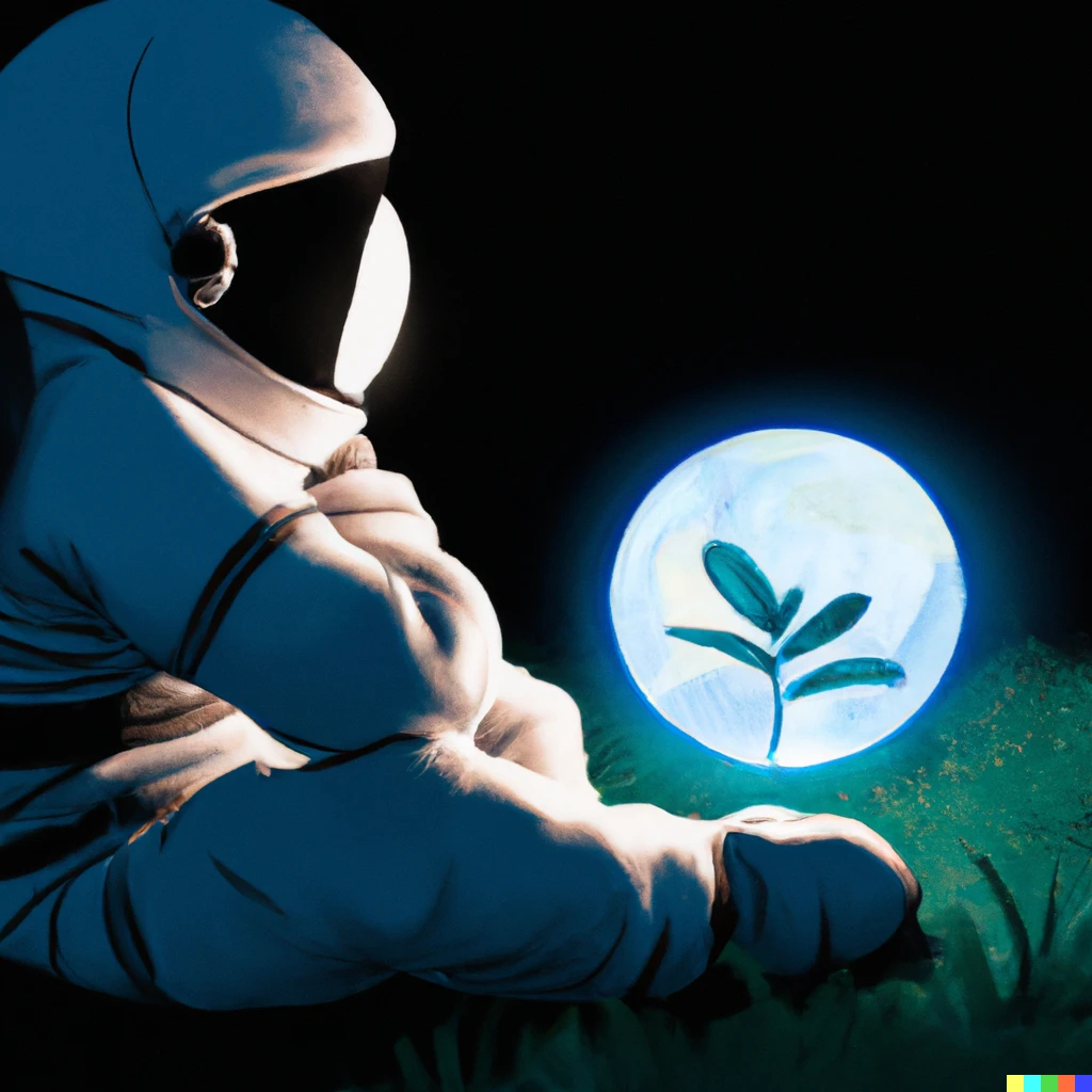 Prompt: An astronaut sitting looking at a luminous sphere containing a plant.