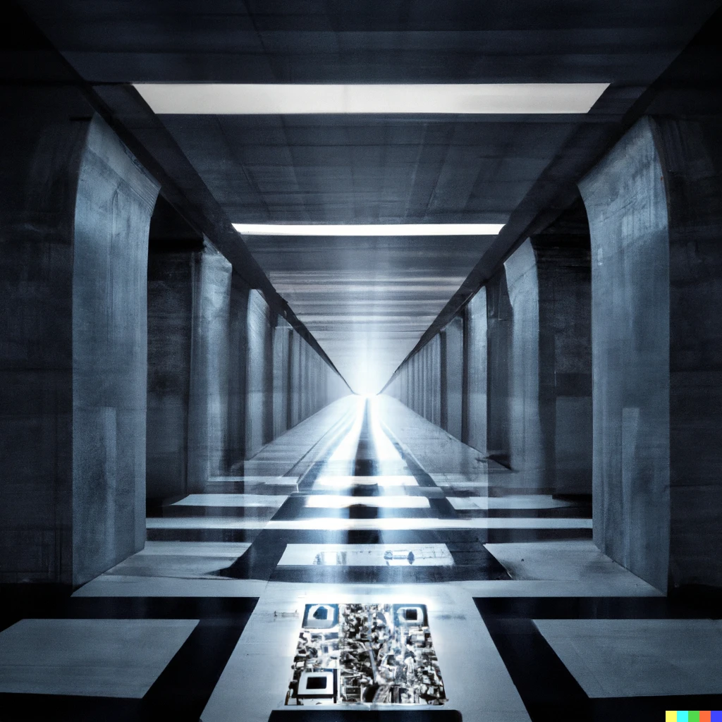 Prompt: Hallway leading to the QR code of Nativity. Scanning it led to the Singularity.