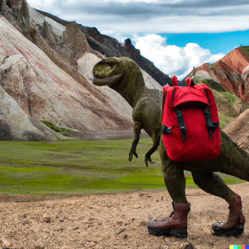 Prompt: A photo realistic picture of a T-Rex hiking in Landmannalaugar with a red backpack and hiking boots