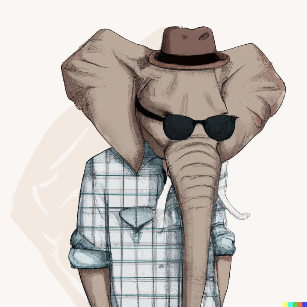 Prompt: an elephant dressed in hipster clothing