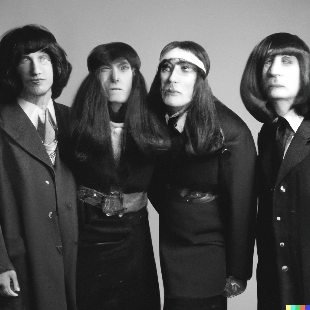 Prompt: a photo of the Beatles band in drag
