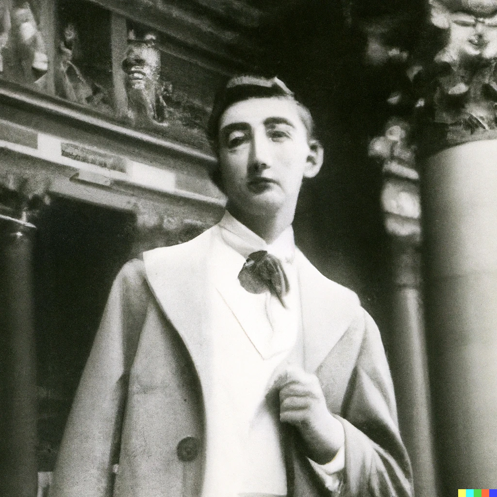 Prompt: A handsome young man at the opera in Paris, photograph by Madeleine Vionnet