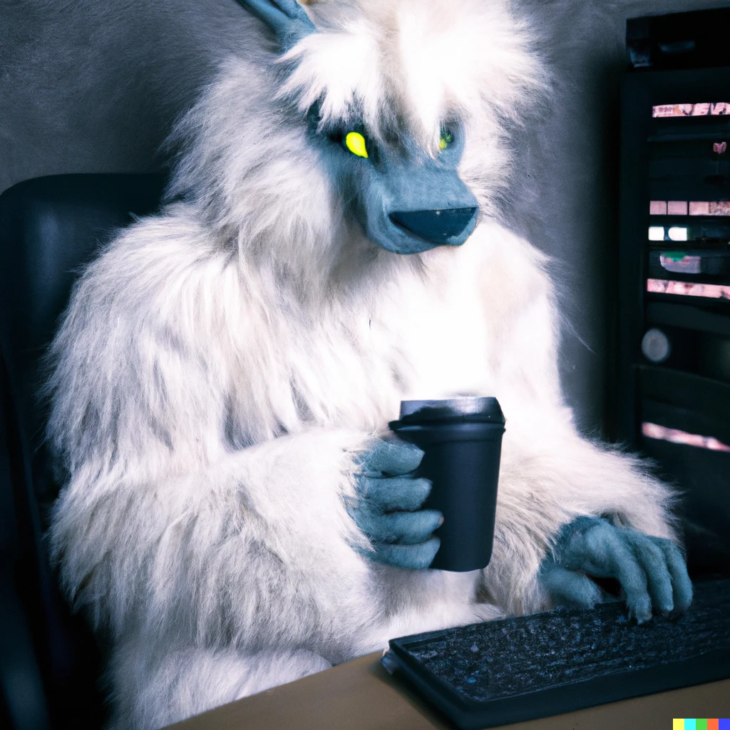 Prompt: A furry cyber security cryptid sitting in front of a computer with a large cup of coffee, cyberpunk