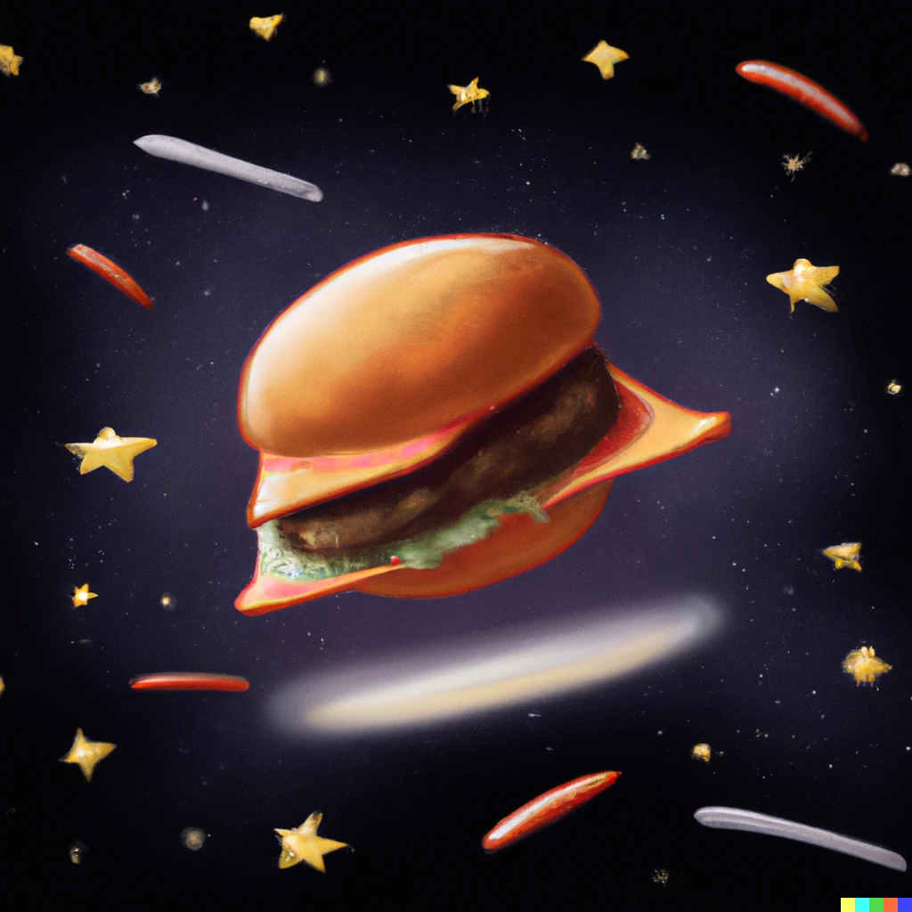 Prompt: A hamburger endlessly drifting into outer space