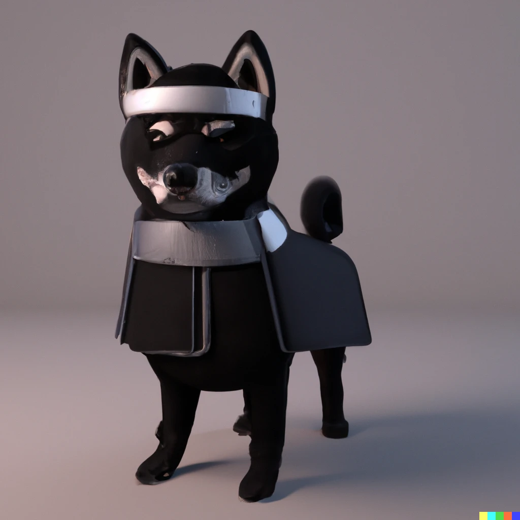 Prompt: 3D art of a Black Shiba Inu dressed as a samurai