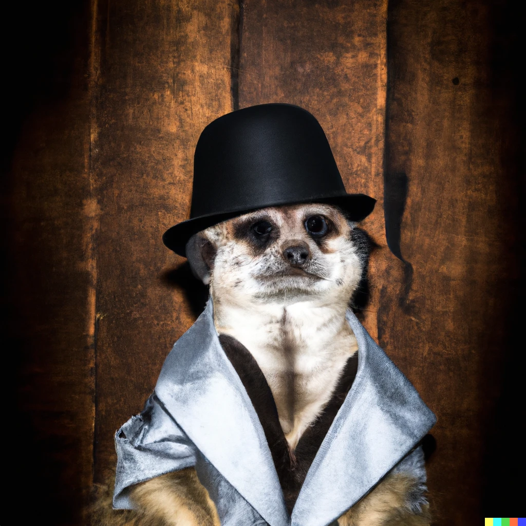 Prompt: A meerkat wearing a smoking jacket against a dark wood background wearing a top hat