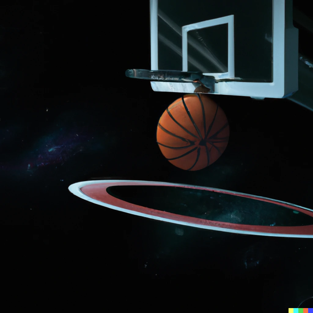 Prompt: Basketball hoop in outer space with the basketball making a swoosh with a hard court floor