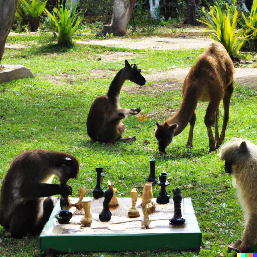 Prompt: Monkeys playing chess in a park with llamas