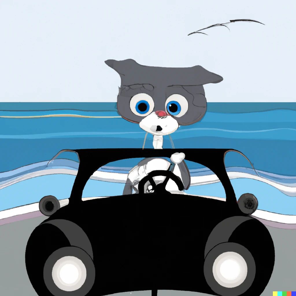 Prompt: gray tuxedo kitty with tufted ears driving a car in the ocean