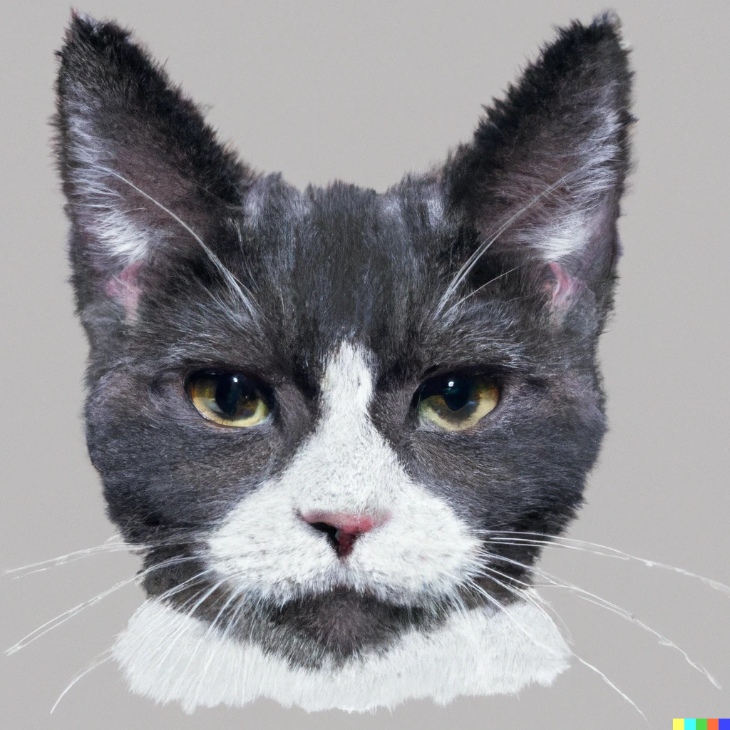 Prompt: gray tuxedo kitty with tufted ears in the style of chuck close