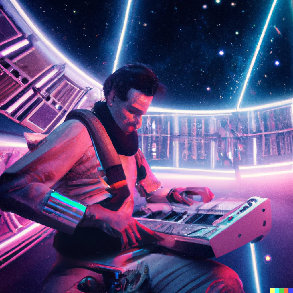 Prompt: An astronaut playing an electric keyboard aboard a synthwave space ship in the stars