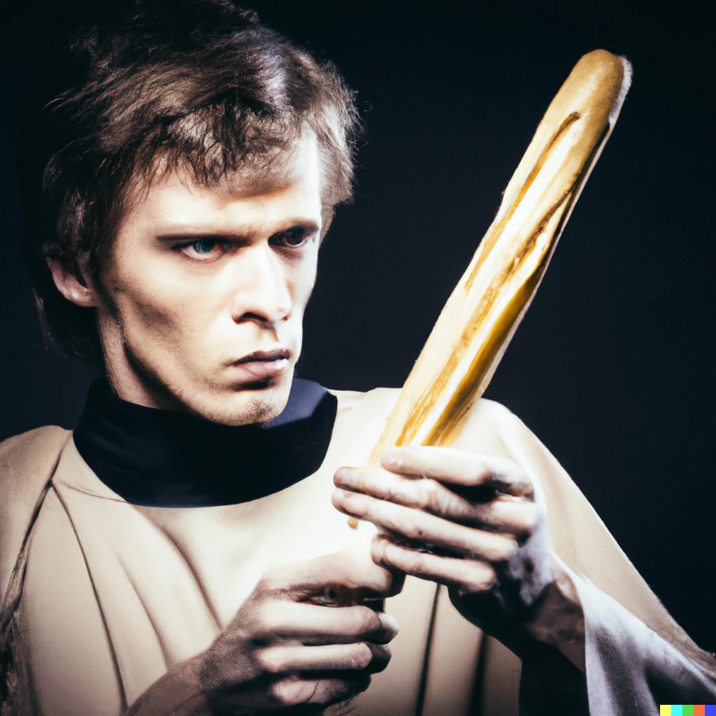Prompt: Photo of Luke Skywalker in intense concentration holding a french baguette instead of his lightsaber