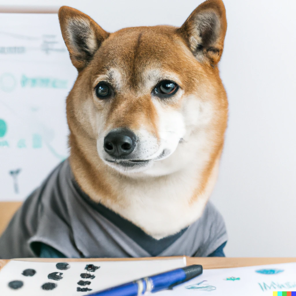 Prompt: Shiba Inu is working as CEO at Japanese AI startup.  Highly detailed photograph.