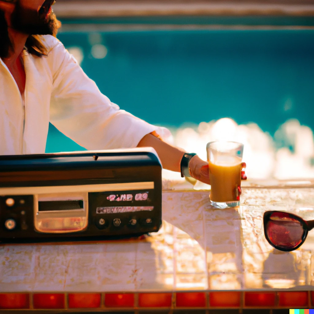 Prompt: A stock image of Jesus with sunglasses and a cocktail, relaxing next to the pool at dawn. Small wooden table with a radio on it. 